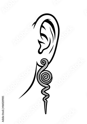 Spiral earring on a stylized ear illustration with dynamic minimalist outline design