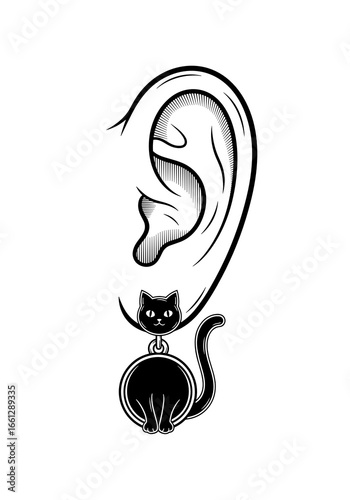 Earring featuring a black cat charm hanging from an ear, symbolizing a love for pets and playful style