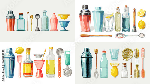 Watercolor bar tools collection with shakers, strainers, jiggers, spoons, glasses, and citrus. Elegant mixology kit for cocktail menus, recipes, bar branding, and hospitality design.
