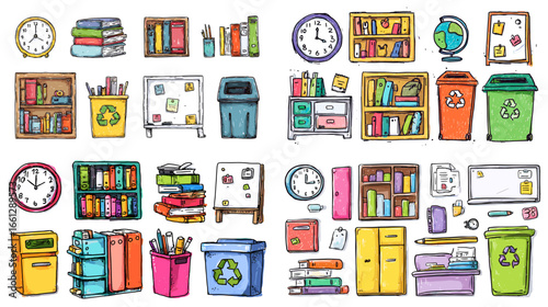 Hand-drawn classroom icons set with bookshelves, clocks, recycle bins, whiteboards, cabinets, and stationery. Colorful doodle style for education posters and school materials.