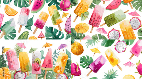 Seamless watercolor pattern of summer popsicles with tropical fruits and leaves. Bright ice treats and monstera foliage on white perfect for packaging, textiles, and backgrounds.