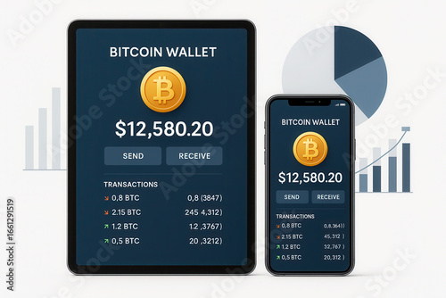 Crypto wallet mockup displaying bitcoin transactions digital finance mobile and tablet devices modern design