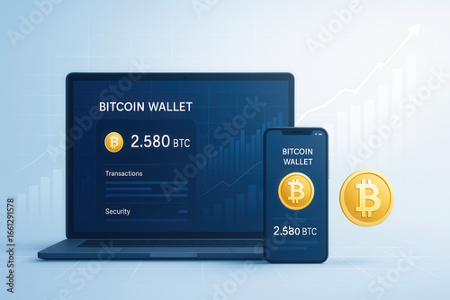 Crypto wallet mockup with bitcoin transactions on laptop and mobile devices digital finance environment