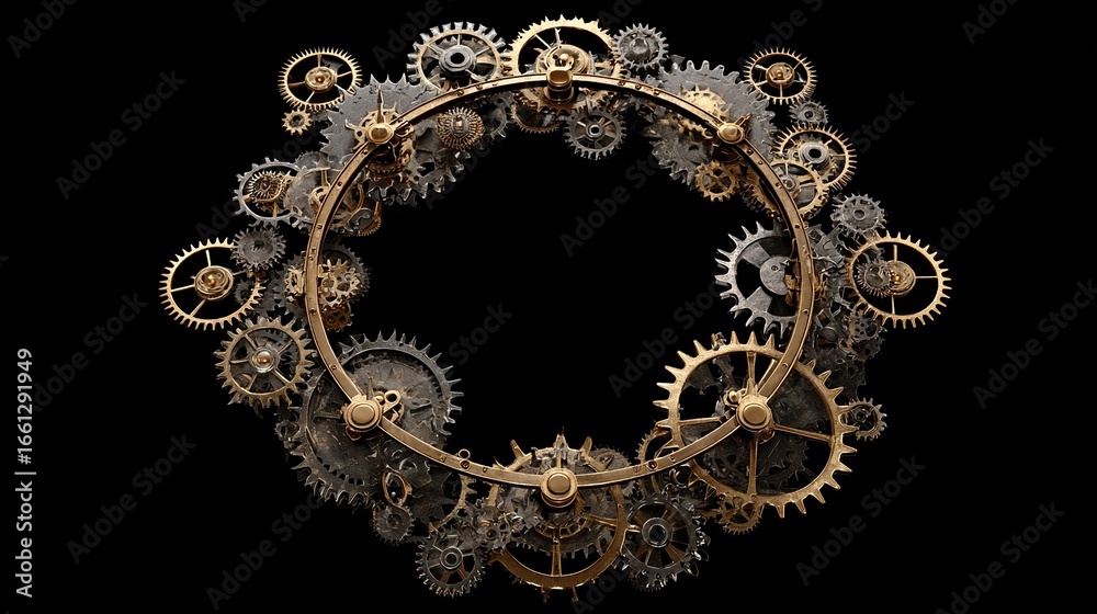 Fototapeta premium A circular arrangement of intricate gears and cogs, various sizes and metallic finishes, set against black
