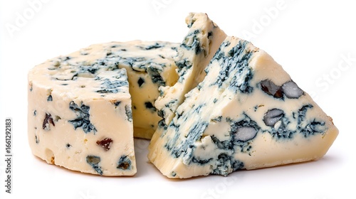 Round wheel of blue cheese, sliced