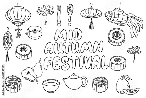 Mid autumn festival coloring page with lanterns, mooncakes, lotus, teapot and fruits in simple line art style. Concept of traditional holiday celebration, cultural heritage and family gathering