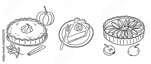 Pumpkin pie, apple pie and tart with fruits in simple line art style for coloring page. Concept of autumn dessert, seasonal baking and cozy holiday celebration