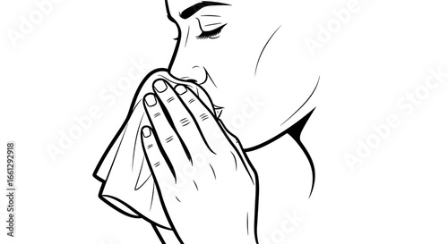 Person with closed eyes blowing their nose into a tissue, representing discomfort and self-care