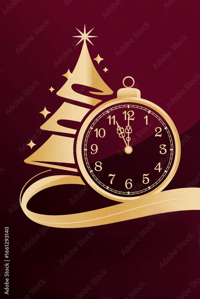Fototapeta premium Stylized Christmas tree with clock on burgundy New Year background