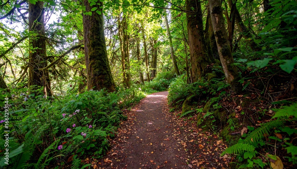 Fototapeta premium Lush forest path winding through greenery