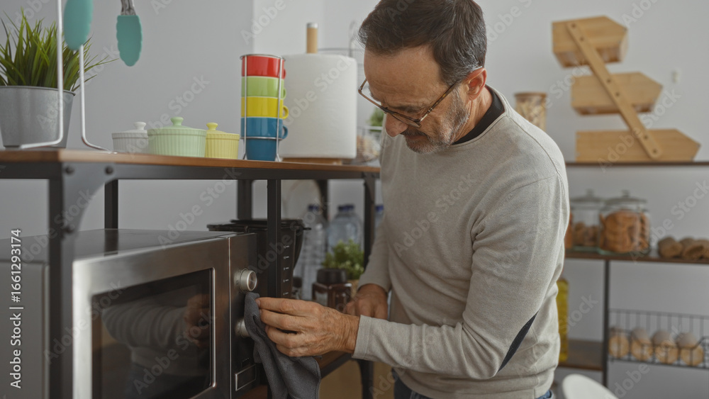 Fototapeta premium Hispanic man cleaning microwave in modern office kitchen, surrounded by colorful kitchenware and indoor plants, conveying a tidy, organized workspace atmosphere.