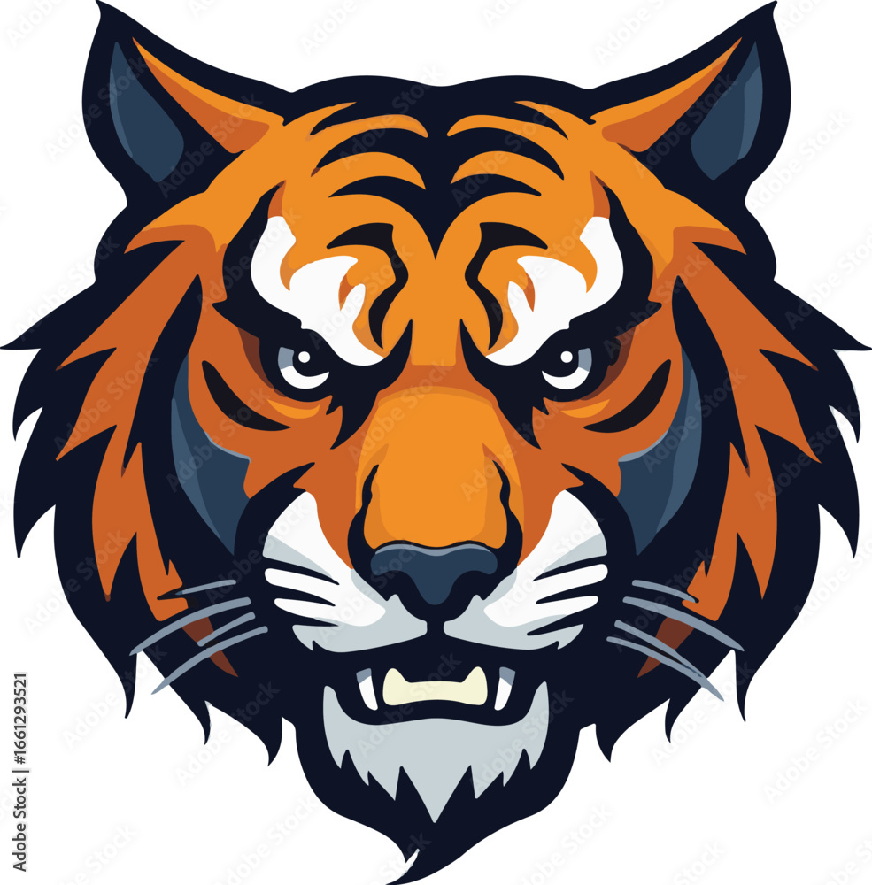 Obraz premium Vector Illustration of Fierce Tiger Head in Modern Stylized Design with Bold Orange Black White Colors
