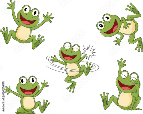 Cartoon cute frog vector illustration set with funny green amphibian characters, smiling frogs for kids, comics, stickers, games, education, jungle animals, or decoration