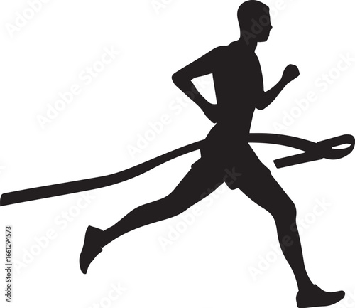 silhouette of a marathon runner crossing the finish line ribbon, athlete finishing race. Vector icon