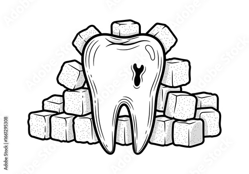 Tooth surrounded by sugar cubes, symbolizing the impact of sugar on dental health