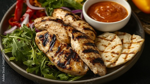 Wallpaper Mural Grilled chicken tenders with flatbread, dipping sauce, arugula, and red onion salad Torontodigital.ca