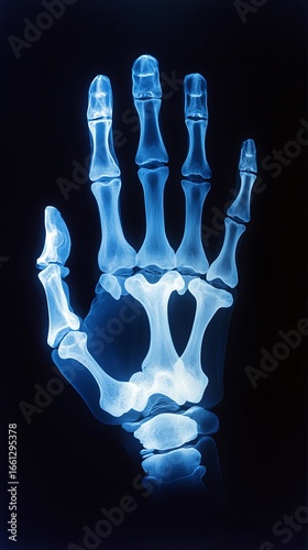 Hand xray detailed view of bones, joints, and skeletal structure against black background