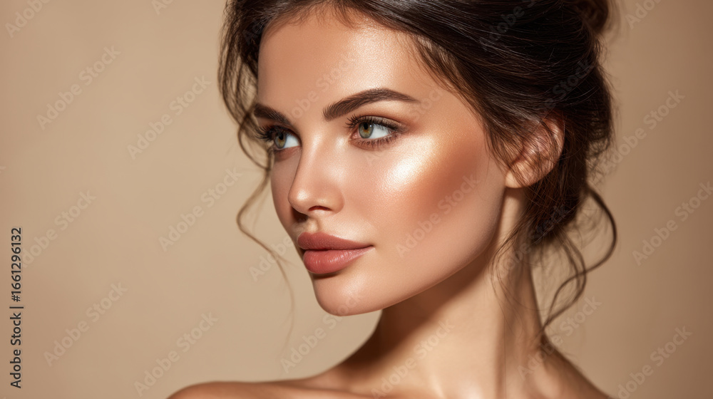 Naklejka premium Close up portrait of woman with glowing skin and soft features, showcasing natural beauty and elegance. warm background enhances her radiant complexion and highlights her striking eyes