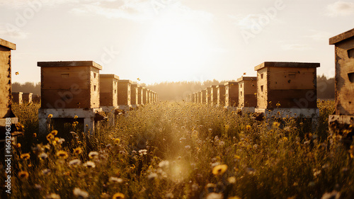Row of modern wooden beehives in rural field during golden hour under clear summer sky
