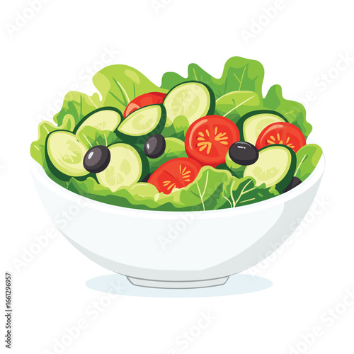 flat vector of a fresh green salad with lettuce, cucumber, tomato, and olives in a bowl, health food theme