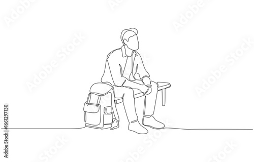 Continuous one line drawing of traveler sitting on bench with backpack, representing themes of waiting, travel, solitude, and self-reflection, single line art