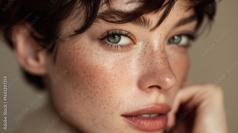Fototapeta premium Close up portrait of young woman with short, tousled hair and striking blue eyes. Her skin is adorned with freckles, and she has soft, natural makeup look. warm lighting enhances her features