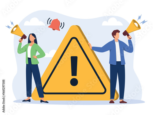 Important announcement, attention or warning information concept. Business people announce on megaphone with attention exclamation. Breaking news or urgent message communication. Vector illustration.