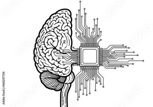 Brain connected to a microchip, symbolizing the fusion of human cognition and technology