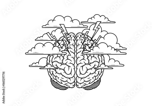 Brain surrounded by clouds and lightning, symbolizing intense emotions and mental turmoil