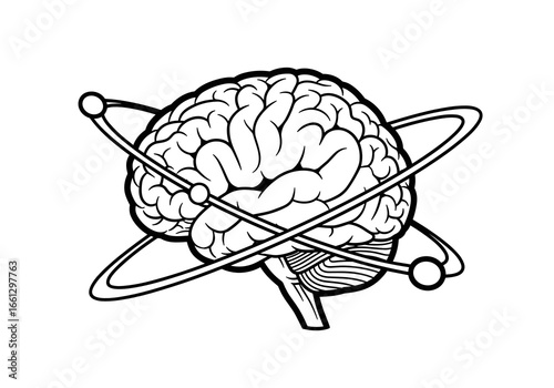 Brain with orbiting atoms, representing intelligence and scientific exploration