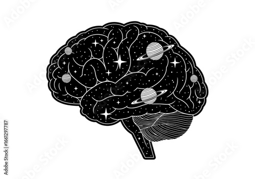 Cosmic brain illustration with stars and planets, symbolizing imagination and infinite possibilities