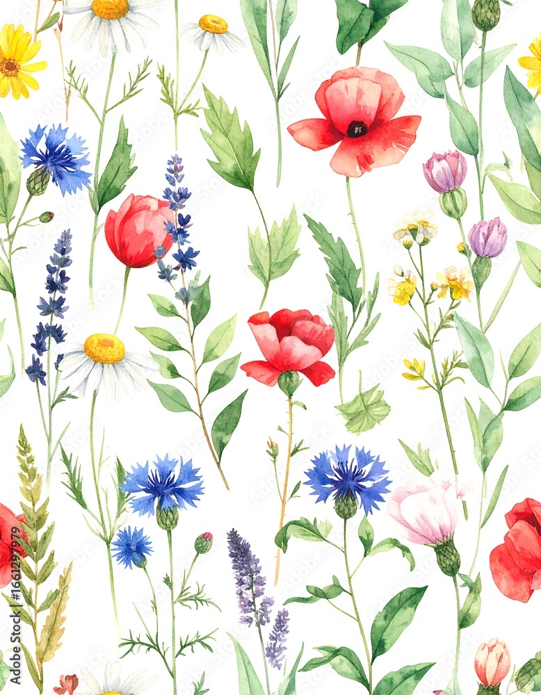 Fototapeta premium Watercolor floral pattern with various wildflowers