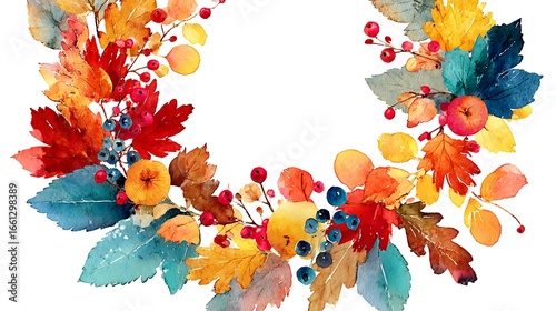 Fototapeta Naklejka Na Ścianę i Meble -  Vibrant watercolor autumn wreath with colorful leaves and berries on a white background