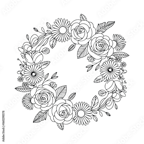 Floral Wreath Line Art with Roses and Leaves – Elegant Black and White Botanical Circle Design. Coloring Pages for Kids & Adults