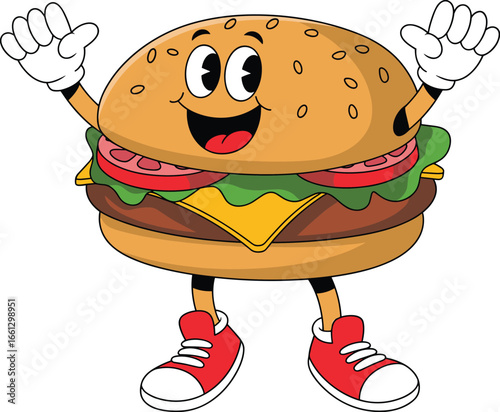 Cartoon hamburger character vector illustration with happy face, cheese, lettuce, tomato, funny food mascot for kids, fast food branding, stickers, menus, and advertising