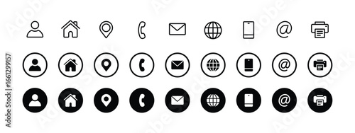 Contact Us Icons Set, Business Card Icons, Email, Phone, Location, Social Media, Web, Print, and Communication Icons, Vector Design
