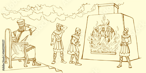 Vector drawing. Young men in the oven