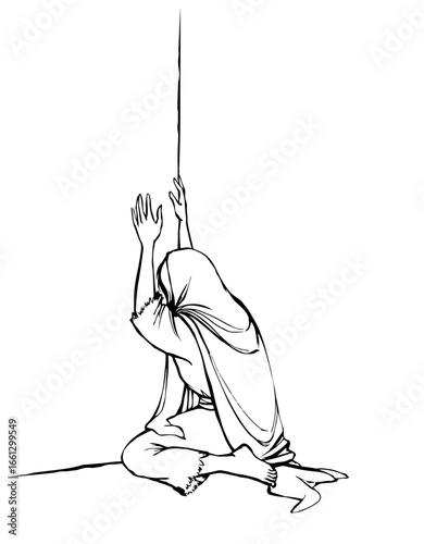 Vector drawing. Woman crying at the wall