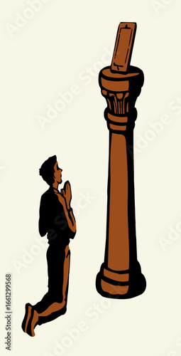 Vector drawing. Adult man worshiping Phone