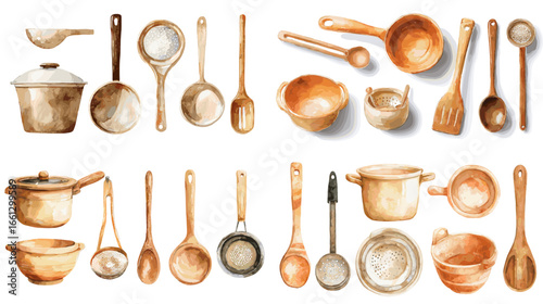 Watercolor illustration set of cooking pots, pans, ladles, spoons, and strainers. Rustic kitchen tools collection for cooking, recipe, and culinary designs.