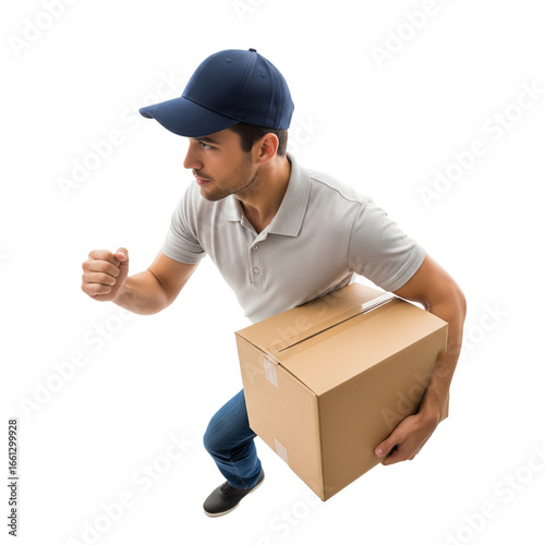 Delivery Man Running with Package | Courier Service, Active Lifestyle, Delivery Concept, Uniform Apparel, Motion Photography