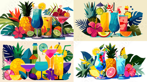 Colorful illustration set of tropical cocktails, fruits, and exotic summer drinks with vibrant decorations. Perfect for party, bar, vacation, and beach themes.