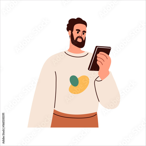 Man with mobile phone in hand. Young male holding smartphone, looking at scre...