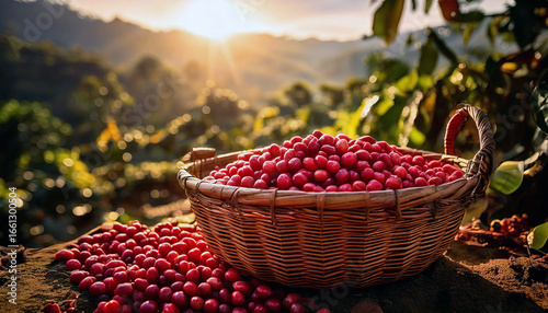 pile of coffee beans in a basket on a wooden table