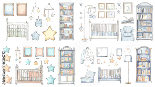 Watercolor illustration set of nursery furniture, cribs, bookshelves, stars, lamps, and baby room decorations. Ideal for parenting, childhood, and interior themes.