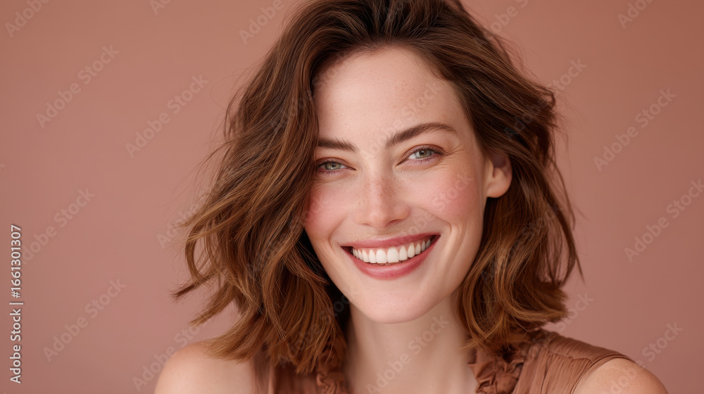 Smiling woman with medium length wavy hair and natural makeup poses against soft pink background, radiating warmth and confidence Smiling woman with medium length wavy hair and natural makeup poses against soft pink background, radiating warmth and confidence