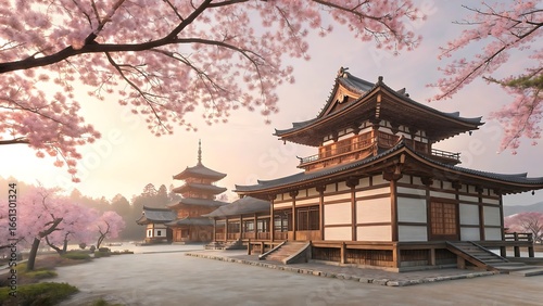 Wallpaper Mural Japanese temple and pagoda surrounded by blooming cherry blossoms Torontodigital.ca