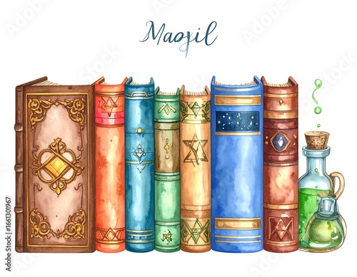 Watercolor illustration of antique books and a potion bottle