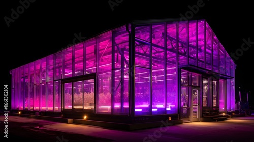  Wide Shot of a Greenhouse at Night with LED Lights