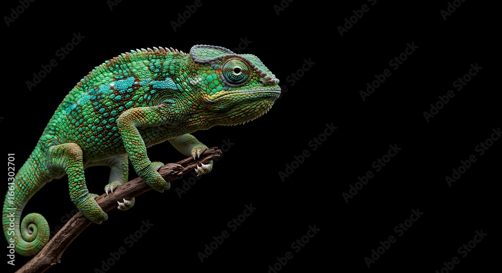 Fototapeta premium Vibrant Green Chameleon on Black Background Stunning Reptile Photography